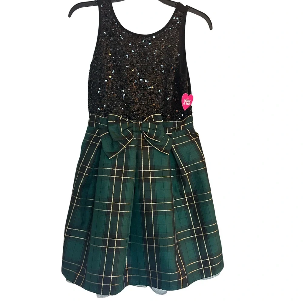 NWT Children's Place Chic Black Sequins Bodice Green/Gold Plaid Pullover Dress
